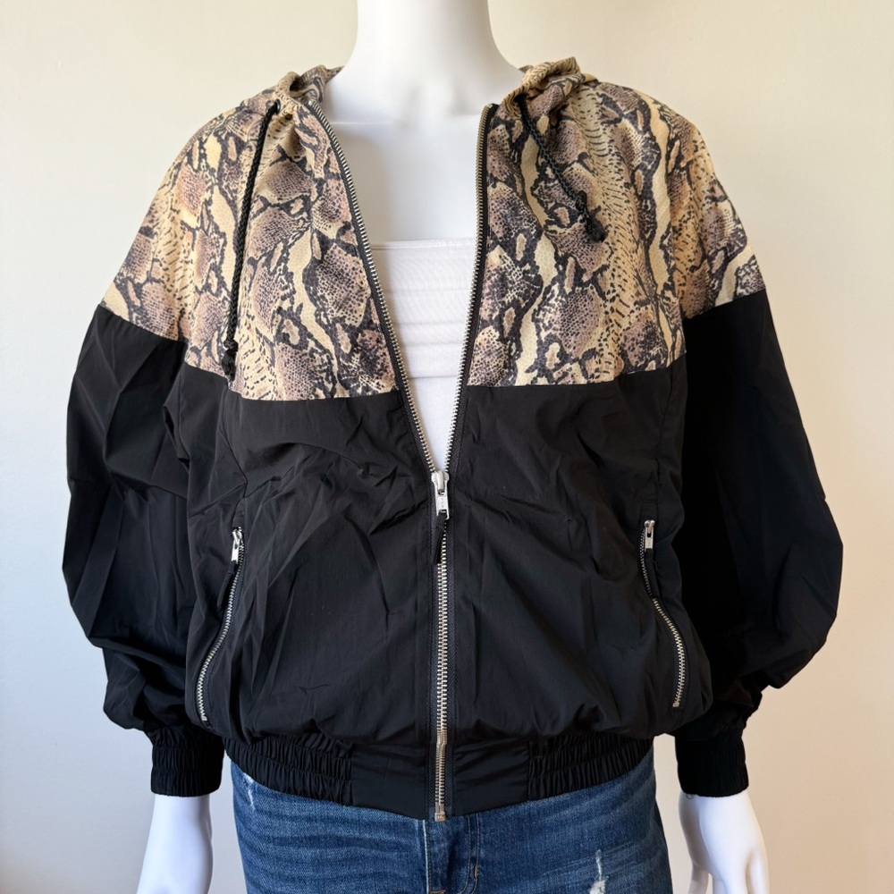 LPA Full Zip Windbreaker Hoodie, Black with Tan Snakeskin